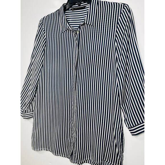Zara Button Down Blouse Top Black White Striped Casual Preppy Women's Small - Picture 4 of 7